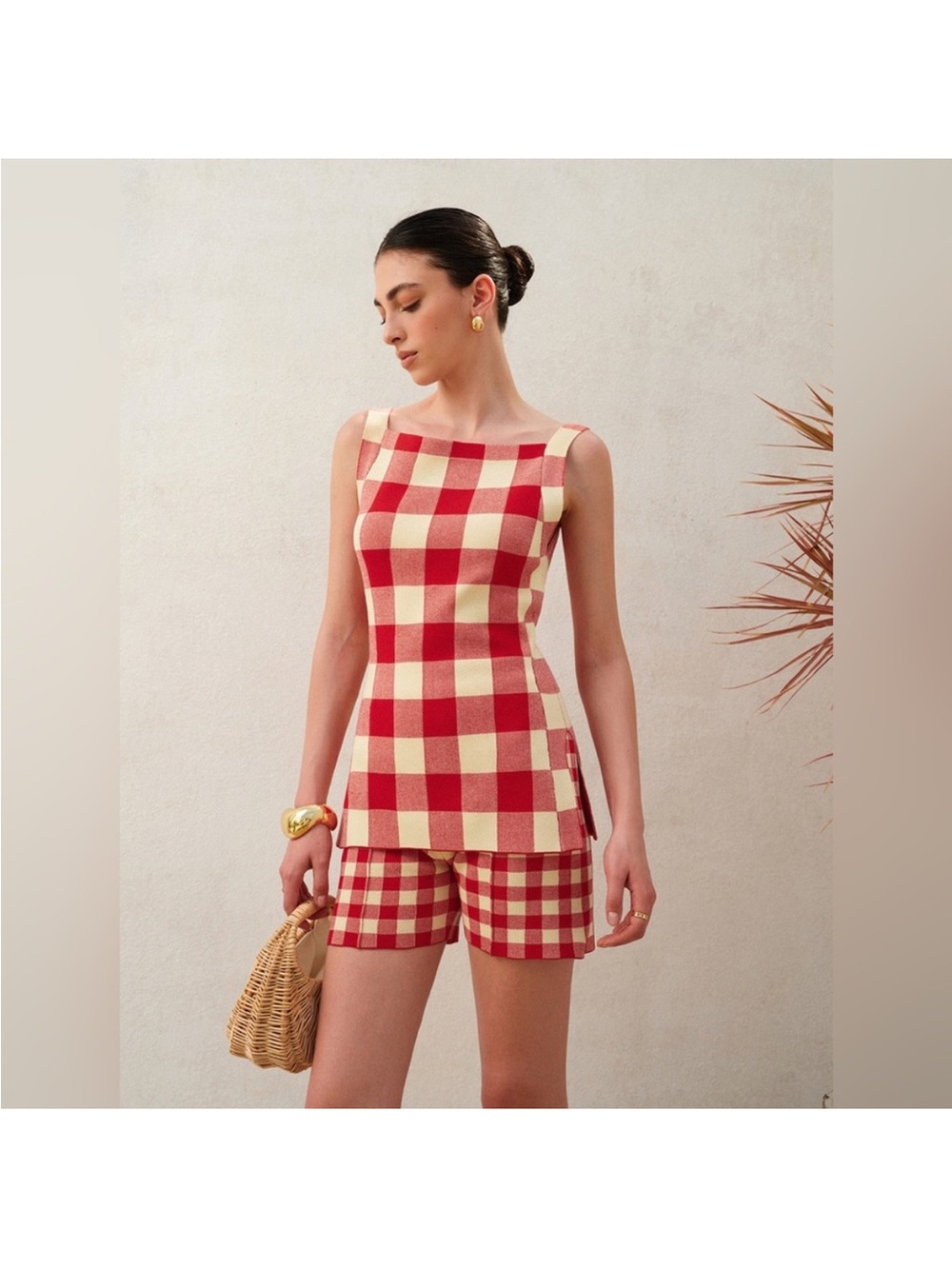 Commense Red Gingham Knit Sleeveless Short Set